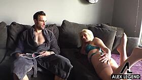 stepdaddy blasts facial on aubrey while cheating with lingerie-clad blonde!
