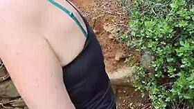 Mature couple flashes panties then fucks doggystyle bent over in forest outdoors