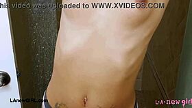 Runway brunette strips down for a steamy shower casting interview on the sofa