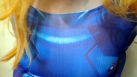 Trans Samus slaps soft tits with BBC dildo while lactating puffy nipples in cosplay