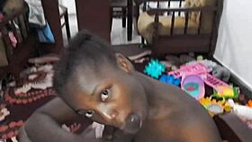 Busty ebony beauty drops low for sloppy deepthroat blowjob on massive cock in roleplay