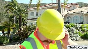 Holy Shit! Lucky Worker Pounds Two Horny Shemale Cocks On Site!
