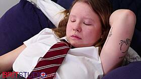 hey watch this british schoolgirl rae astora shake her huge natural tits while toying pussy