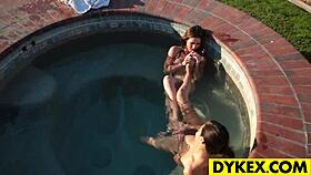 Two hot cougar teen lesbians lick strap on outdoors with dildos