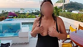 watch my curvy wife flash huge tits and hairy pussy on crowded beach 😏👙🌴