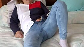 Curvy housewife masturbates to stepbro's huge cock cumshot on hairy pussy