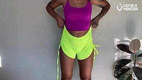 Hot Brazilian Brunette In Gym Shorts Guides Jerk Off For Ass Cum Load!