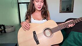 during guitar lessons my hot teacher chokes on my cock bends over and takes it doggystyle in class
