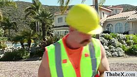 Holy Shit! Lucky Worker Pounds Two Horny Shemale Cocks On Site!