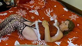 Granny Claus rides massive white dildo to holiday orgasm bliss