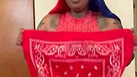 Spider girl shabrim performs cosplay convention striptease in costume