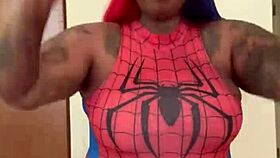 Spider girl shabrim performs cosplay convention striptease in costume