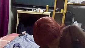 redhead ebony slut in black dress suckin boss cock at dirty hostel