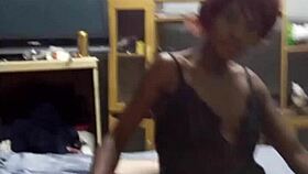 redhead ebony slut in black dress suckin boss cock at dirty hostel