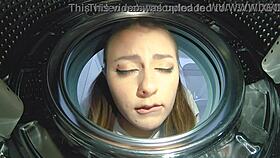 petite wife stuck in machine begs friend's cock for cheating facial help