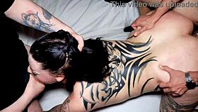 Tattooed girlfriend bent over for best friend mmf threesome at club