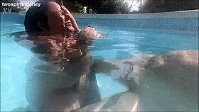 huge tits babe bent over poolside for bisexual threesome pounding!