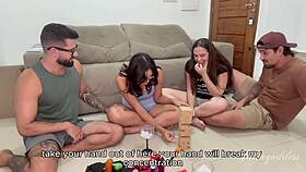 jenga game turns into first bareback wife swap backstage with big cocks riding
