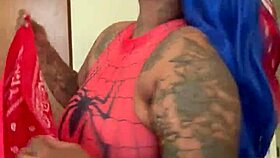 Spider girl shabrim performs cosplay convention striptease in costume