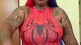 Spider girl shabrim performs cosplay convention striptease in costume