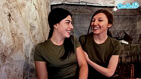 two amateur lesbian soldiers kiss and finger each others hairy pussies in quarters