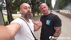 redhead babe dives into wild public threesome with two guys outdoors