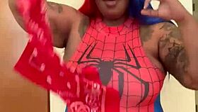 Spider girl shabrim performs cosplay convention striptease in costume