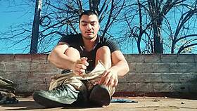Muscular hunk strokes massive cock outdoors, wanna see him explode?