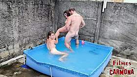 two hot babes get wet fucking in the pool