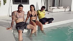we invite neighbor to pool then double penetrate her tight pussy with our cocks