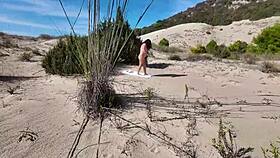 girl next door flashes hairy pussy and big natural tits to stranger on nudist beach