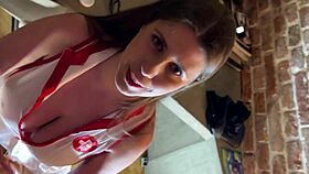 Stunning nurse in short dress seduces patient flashing curves hospital
