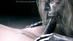 Skeleton girl Halloween horror parody deepthroats monster cock with sloppy cumshot sucking