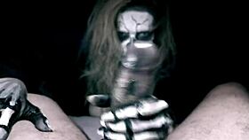 Skeleton girl Halloween horror parody deepthroats monster cock with sloppy cumshot sucking