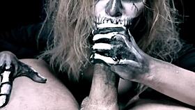 Skeleton girl Halloween horror parody deepthroats monster cock with sloppy cumshot sucking