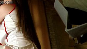 Stunning nurse in short dress seduces patient flashing curves hospital