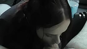 busty brunette amateur sucks fat cock in car outdoors