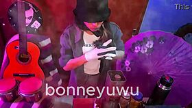 bonneyuwu petite pigtails bartender sucks dildo in miniskirt