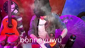 bonneyuwu petite pigtails bartender sucks dildo in miniskirt