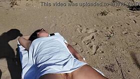 girl next door flashes hairy pussy and big natural tits to stranger on nudist beach