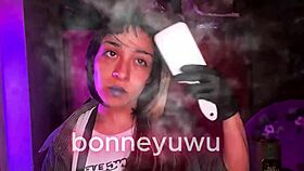 bonneyuwu petite pigtails bartender sucks dildo in miniskirt