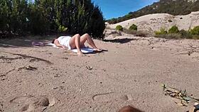 girl next door flashes hairy pussy and big natural tits to stranger on nudist beach