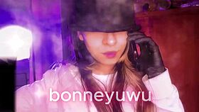 bonneyuwu petite pigtails bartender sucks dildo in miniskirt