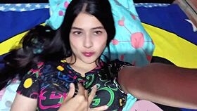 Colombian big tits latina masturbates solo with huge dildo on bed.