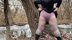 chubby mature in pantyhose unleashes dirty outdoor pee thrill with wet panty excitement