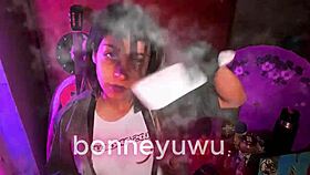 bonneyuwu petite pigtails bartender sucks dildo in miniskirt