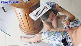 Homemade table suck fuck creampie facial orgy