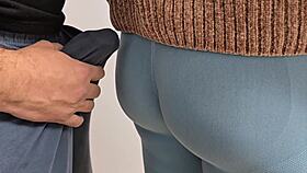 hey dude soaked pants rubbing dick on tights in train