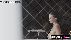 simone's heart races dropping her robe to reveal big natural tits in steamy romantic bath