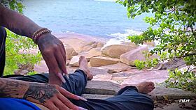 Horny guy jerks off to surprise beach ejaculation outdoors